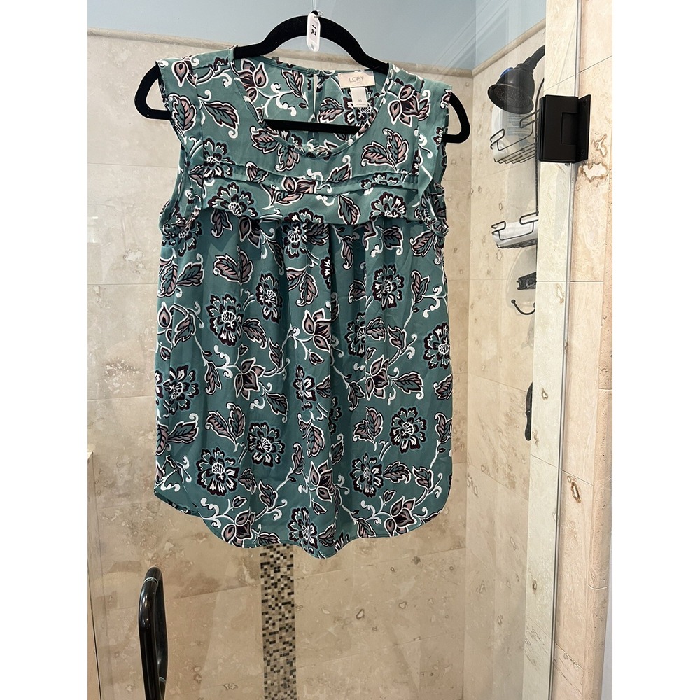 LOFT Women Tank Top Floral Ruffled Babydoll Green Pink XS Sleeveless Blouse